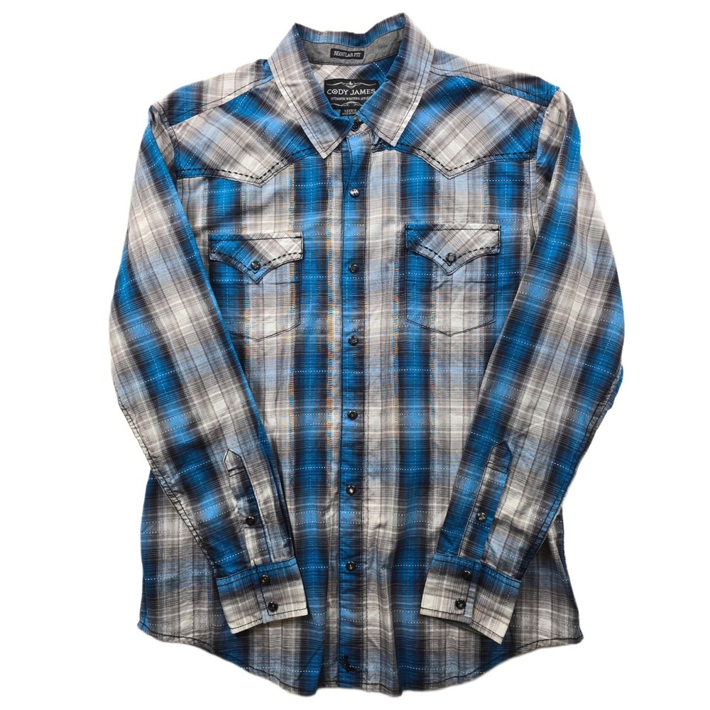 Cody James Western Pearl Snap Shirt‎ Mens Small Blue Grey Plaid Cotton